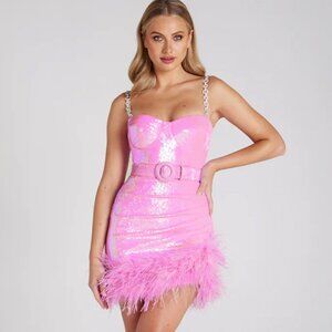 Nadine Merabi "Fifi" Pink Sequin Mini Dress with Belt - Size S/M